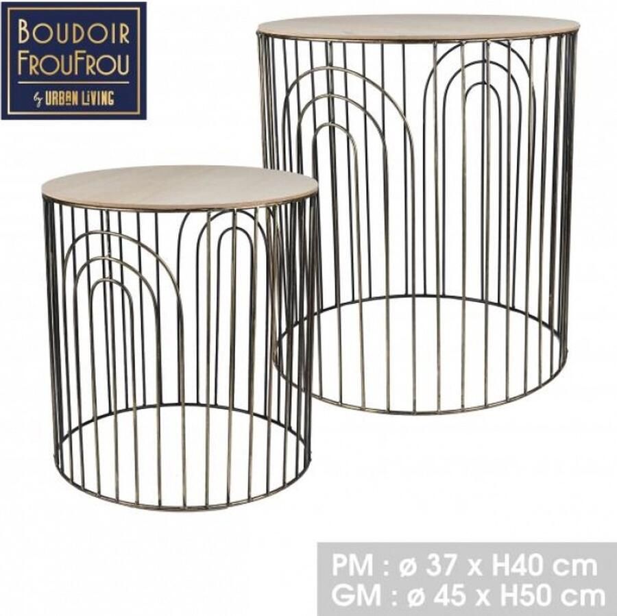 Urban Living BOUDOIR FROUFROU SET VAN 2 METALEN EN HOUTEN SALONTAFELS D37XH40CM EN D45XH50CM
