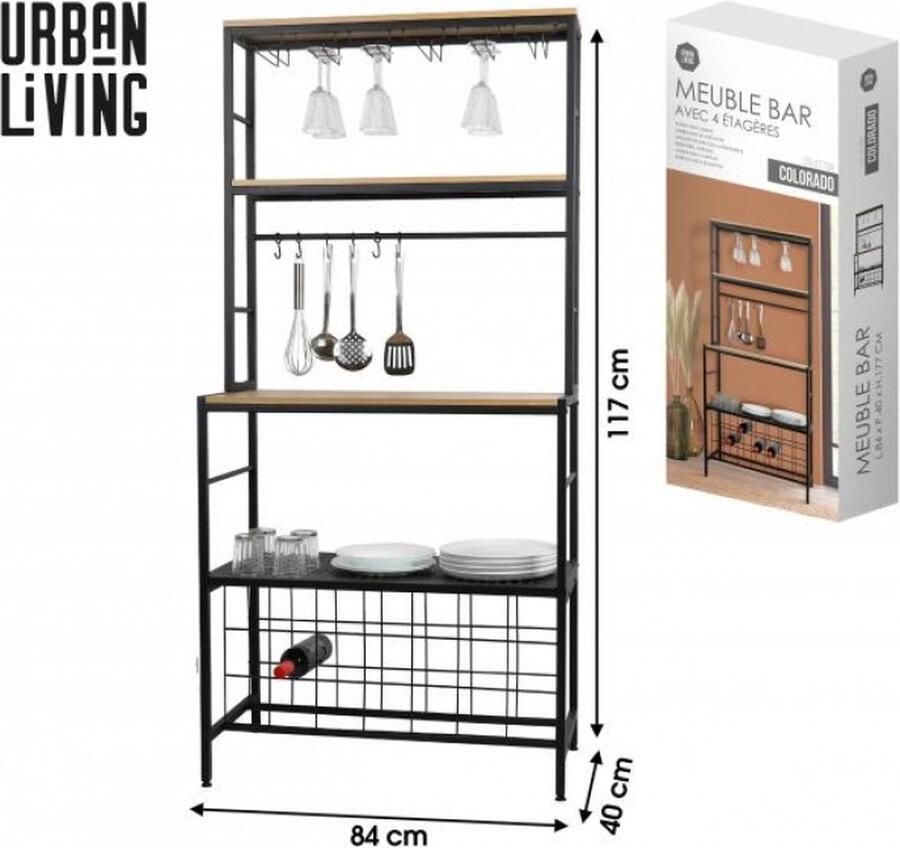 Urban Living COLORADO BAR FURNITURE 4 SHELVES EN 6 HANGING GLASS RACKS 84X40X177CM