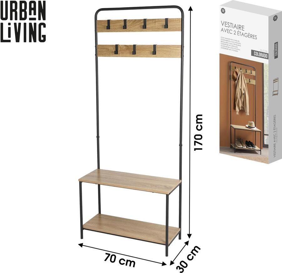 Urban Living COLORADO Kapstok met 2 legplanken en 7 haken – 70x30xH170 cm