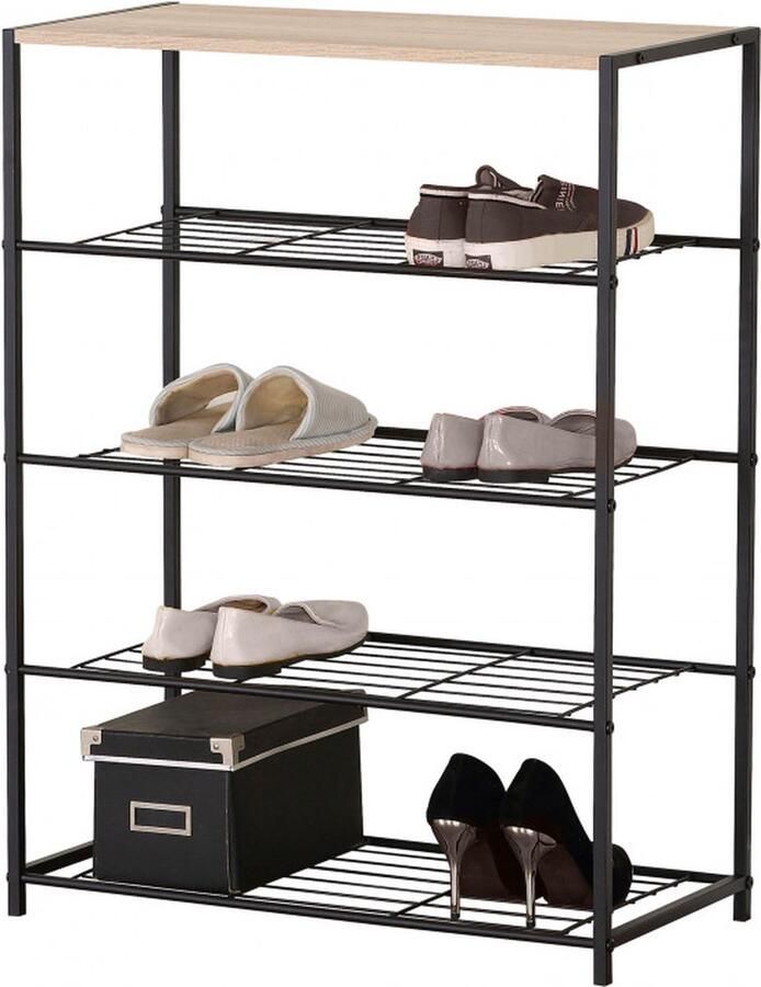 Urban Living Schoenenrek van metaal hout 4-laags 63 x 30 x 83 cm schoenen opbergen zwart kastje voor 12 paar