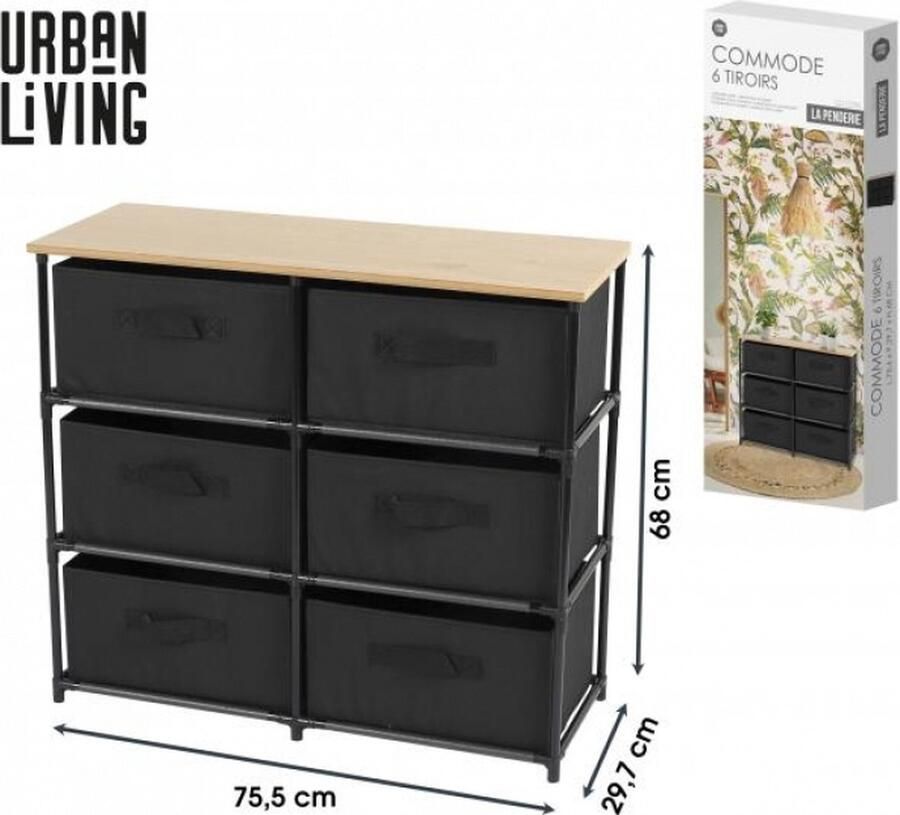 Urban Living Ladekast organizer met 6x lades zwart 76 x 30 x 68 cm hout metaal kastjes voor hal kantoor