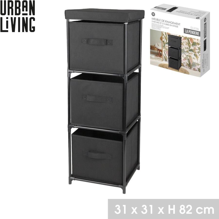 Urban Living LE KUBE Meubel met 3 vakken en 3 opvouwbare non-woven opbergboxen – 31 x 31 x H82 cm