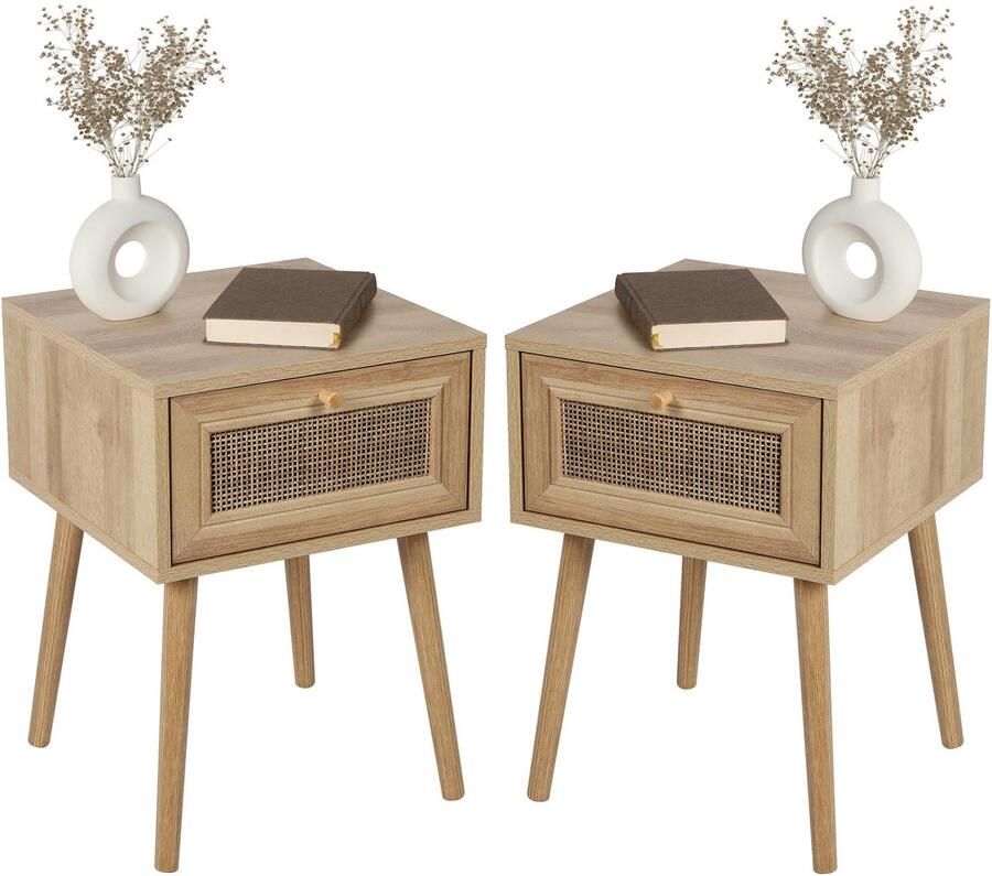 Urban Living Nachtkastje Bali 2x Ibiza stijl hout met lade 39 x 39 x 57 cm