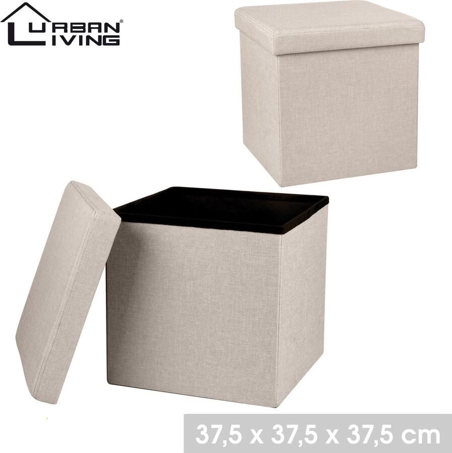 Urban Living Poef hocker opbergbox zit krukje beige linnen mdf 37 x 37 cm opvouwbaar Poefs