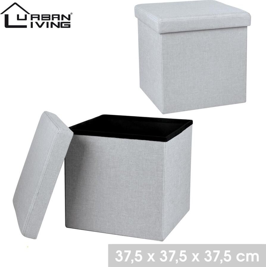 Urban Living Poef hocker opbergbox zit krukje lichtgrijs linnen mdf 37 x 37 cm opvouwbaar Poefs