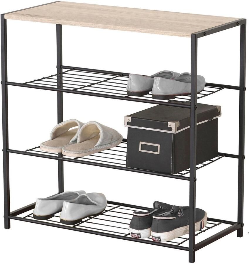 Urban Living Schoenenrek van metaal hout 3-laags 63 x 30 x 63 cm schoenen opbergen zwart kastje voor 9 paar