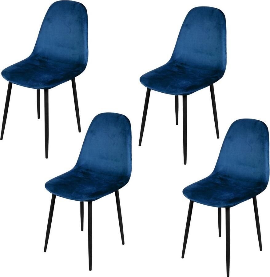 Urban Living Set van 4 Eetkamerstoelen Type: Blauw met Metalen Onderstel Zwart Fluweel Velours - Foto 2