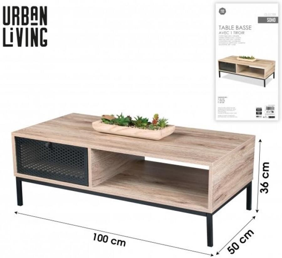 Urban Living SOHO SALONTAFEL VAN HOUT MET ZWARTE METALEN ROOSTER 100×50×H36 CM - Foto 2