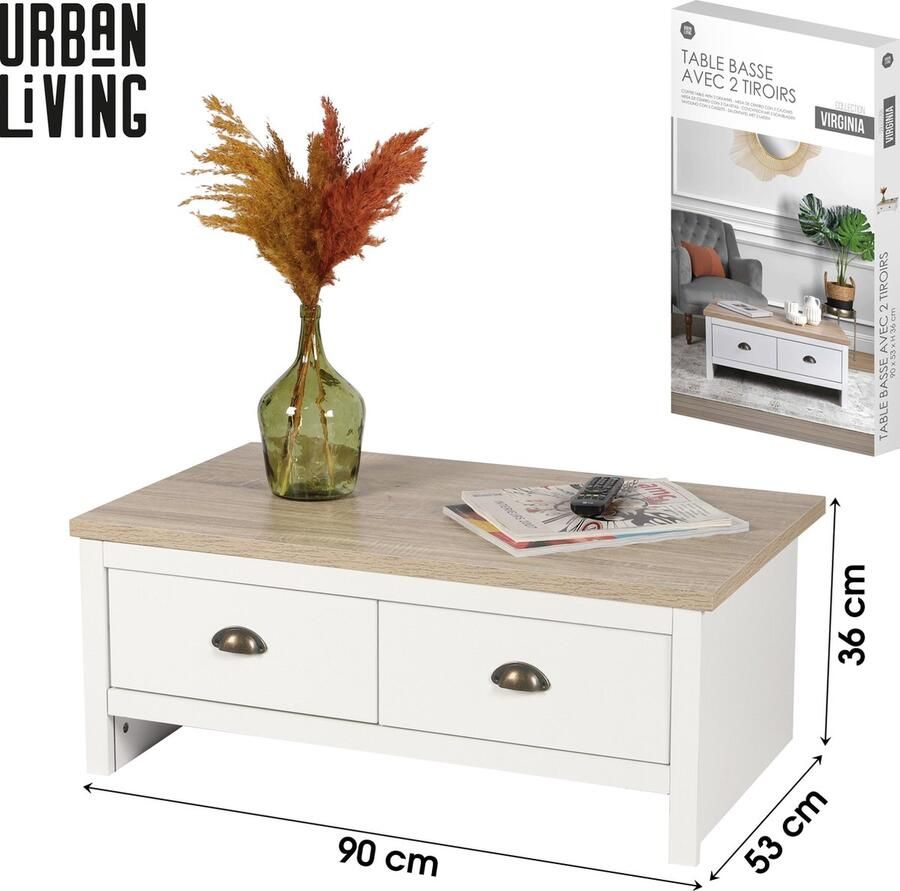 Urban Living VIRGINIA SALONTAFEL MET 2 LADES KOLONIEEL DESIGN 90X53XH36CM