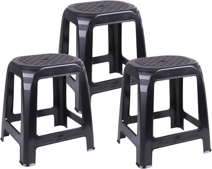 Urban Living Zit krukjes voor binnen en buiten 3x zwart kunststof 41 x 36 x 46 cm extra zitplaatsen