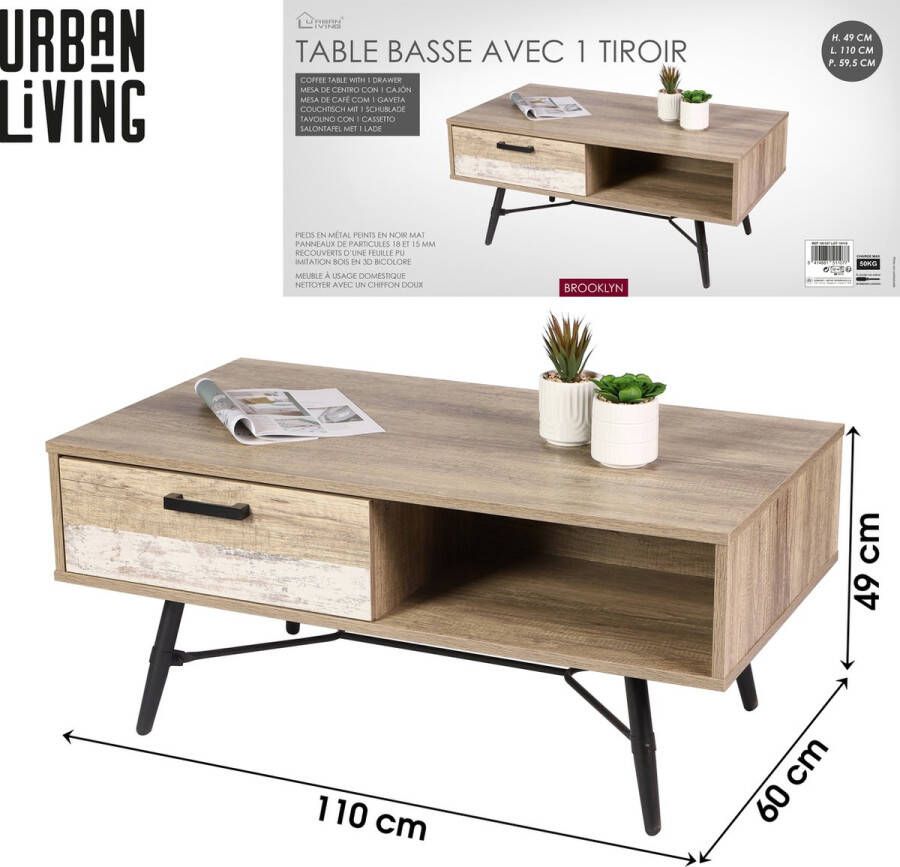 Urban Living VERSIERDE SALONTAFEL MET ZWARTE METALEN STRUCTUUR 110X60XH49CM