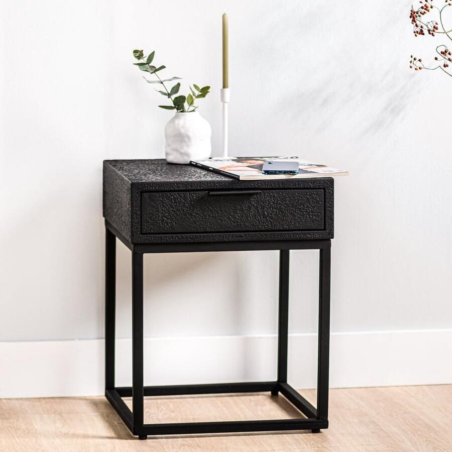 Urban Pieces nachtkastje Joep nachtkastjes industrieel Modern zwart Bijzetkastje staal Bedtafeltje van hout slaapkamer kastjes met lade - Foto 2