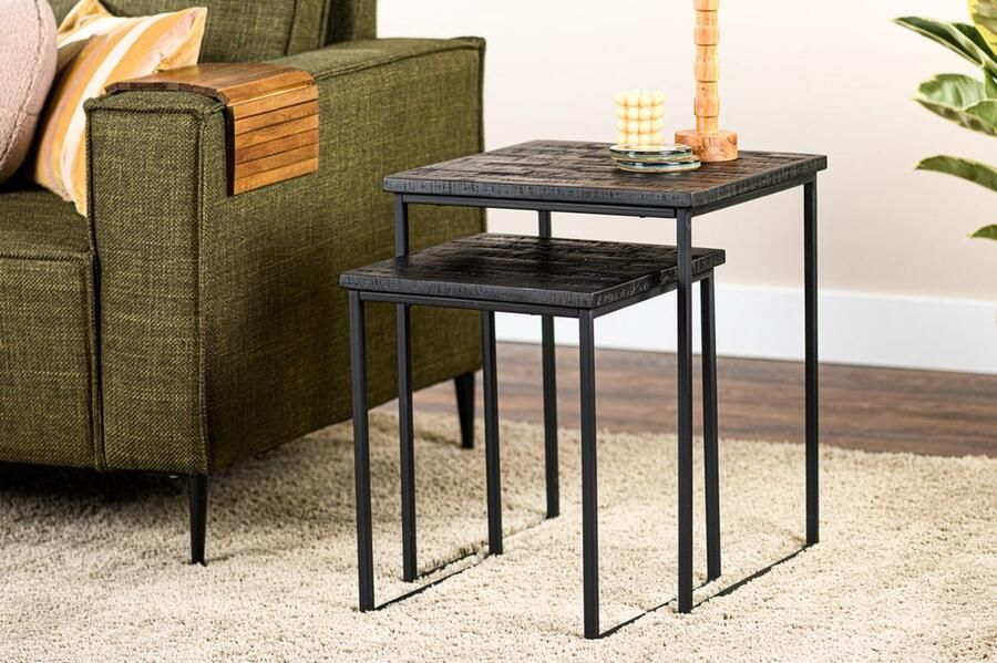 Urban Pieces Tijn Bijzettafelset van 2 zwart gerecycled teak