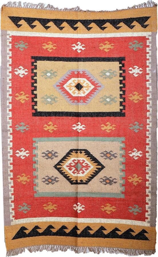 Urbane Hide Handgeweven Kilim Dhurrie Etnisch Tapijt Wol en Jute| 121.92 X 182.88 CM Veelkleurig Rood Laagpolig Tapijt |Vintage Oosters Vloerkleed| Wonen Woonaccessoires Vloerkleden |Vloerkleed
