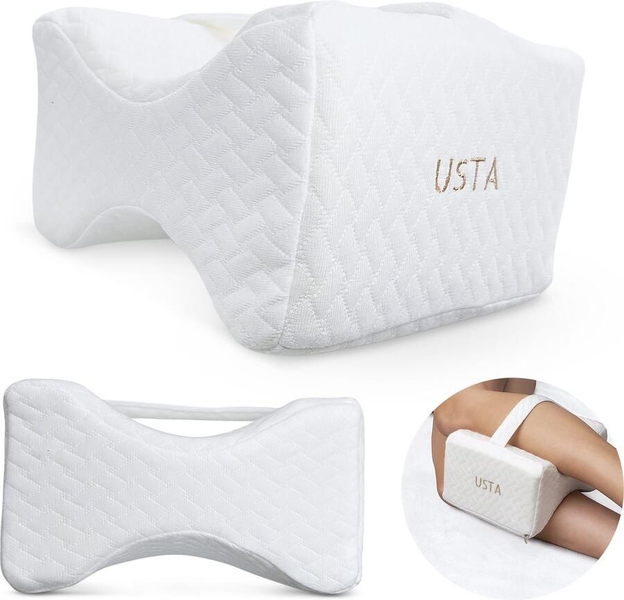 Usta Kniekussen voor in bed Kniekussen Zijslapers Beenkussen Zijslaper Verlicht Knie- Heup- & Rugpijn Orthopedisch Kniekussen Rugslaper Zijslaper- Voor in Bed Traagschuim Met Band Reuma Artrose- Wit 26cm
