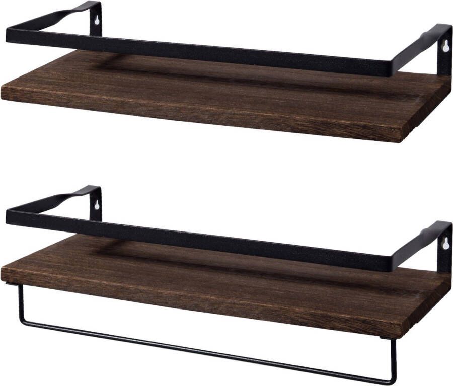 Uten UHD0002 Wandplank Zwevend Hout 42cm 2 Stuks Wandplanken Zwevend Incl Handdoekhouder Wandrek Industrieel- Donker Bruin Zwart - Foto 2