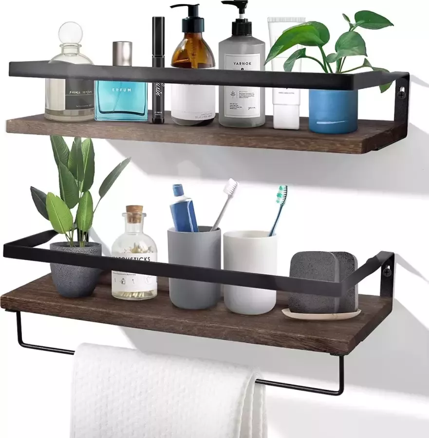Uten UHD0002 Wandplank Zwevend Hout 42cm 2 Stuks Wandplanken Zwevend Incl Handdoekhouder Wandrek Industrieel- Donker Bruin Zwart
