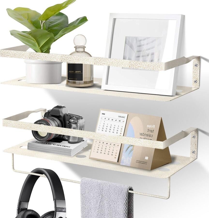 Uten Wandplank Industrieel Metaal Wanddecoratie Boekenplank Wandplank Zwevend voor Woonkamer Keuken Badkamer Fotoplank Muurdecoratie Metaal Muurplank Wit Goud Print