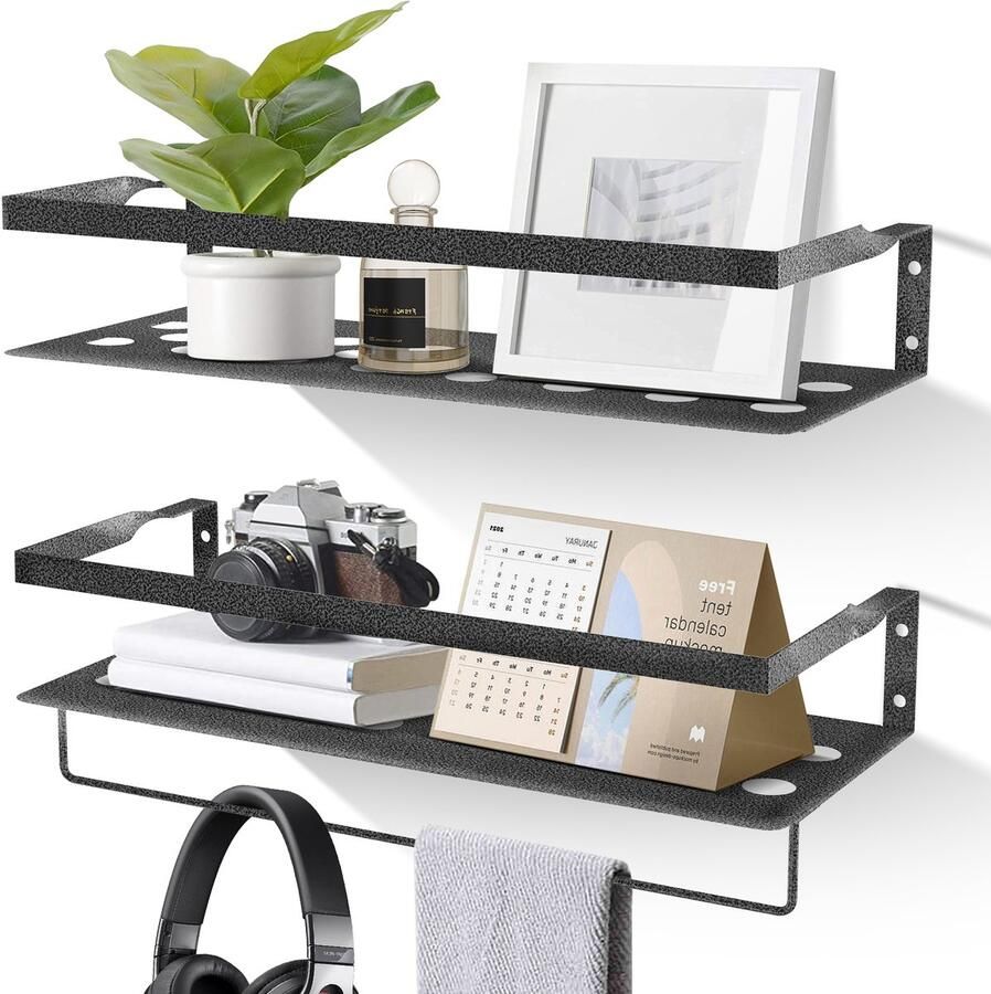 Uten Wandplank Muurplank Planchet Wandrekje Wandplankje Wandrek Zwevend Industrieel Metaal Zwart coating met Zilverkleurige adertjes 2 Planken L 40 (4 Kleuren)