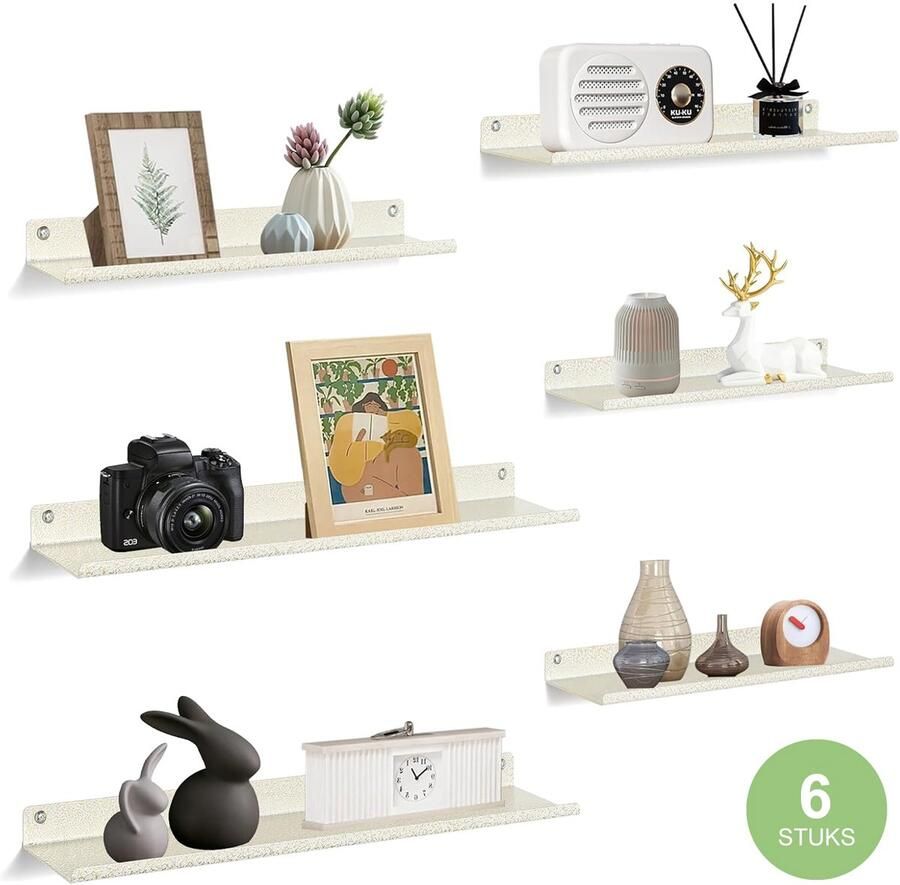 Uten Wandplank set van 6 Muurplank Planchet Wandrekje Wandplankje Wandrek Zwevend Industrieel Metaal Wit coating met goudkleurige adertjes
