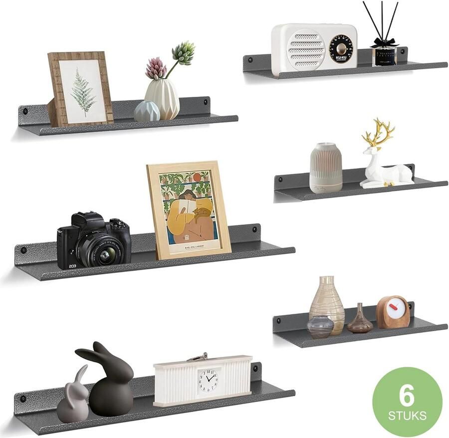 Uten Wandplank set van 6 Muurplank Planchet Wandrekje Wandplankje Wandrek Zwevend Industrieel Metaal Grijs coating met Zilverkleurige adertjes