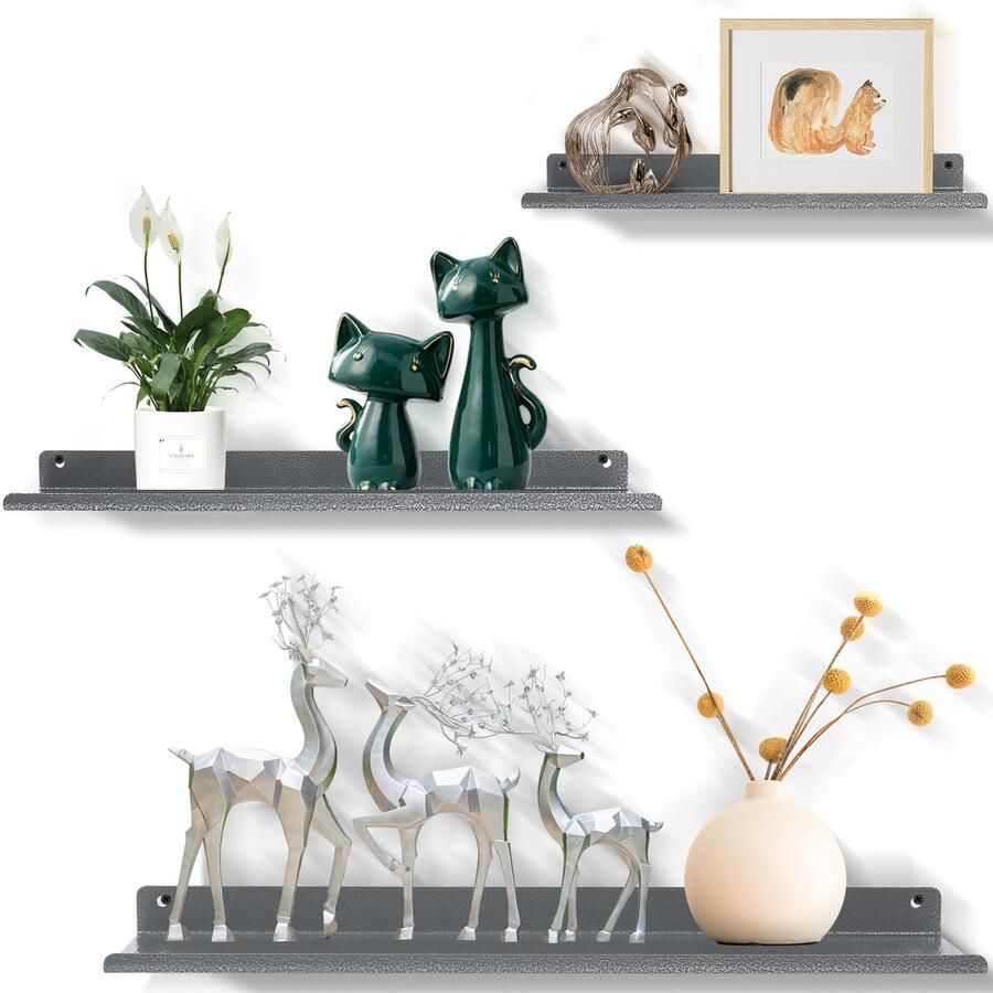 Uten Wandplank Muurplank Planchet Wandrekje Wandplankje Wandrek Zwevend Industrieel Metaal Grijs coating met Zilverkleurige adertjes 3 Planken L 30 35 40