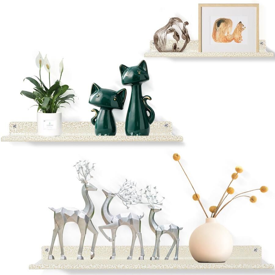 Uten Zwevende wandplank 3 Planken Wandrek industrieel Rechthoekig wandrekken Wandrek metaal wit Structuur Voor Keuken Slaapkamer Woonkamer 30 35 40x9.5x2.5cm A-2