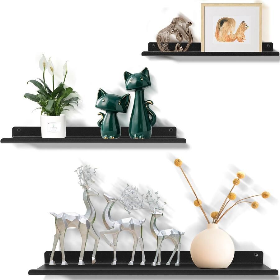 Uten Wandplank Metalen Wanddecoratie Woonkamer Wandplank Zwevend voor Slaapkamer Fotoplank metalen Muurdecoratie Muurplank Set van 3 Plankje 30 35 40x9.5x2.5cm