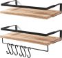 Uten Zwevende Wandplank 42cm 2 Stuks Wandplank Zwevend Incl Handdoekhouder en 8 Haakjes Boekenplank Industrieel Hout Lichtbruin - Thumbnail 1