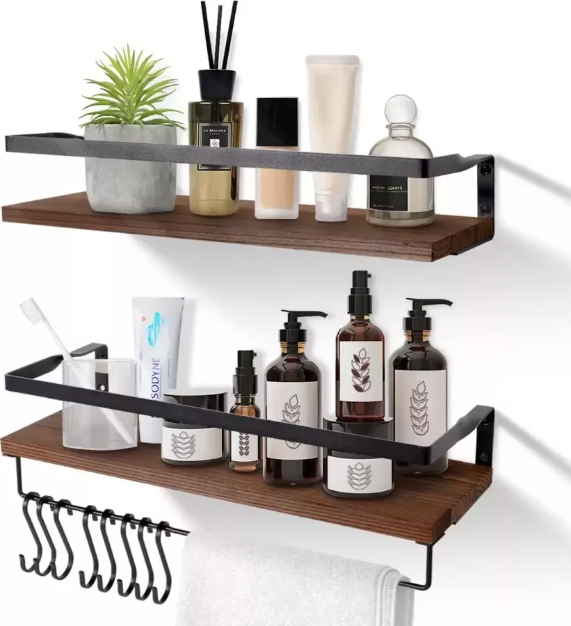 Uten Wandplank zwevend 2 Planken Wandrek industrieel Rechthoekig wandrekken Wandrek hout zwart bruin Mit Haakjes Voor Keuken Slaapkamer Woonkamer 42x15x7.5cm B-1 - Foto 2