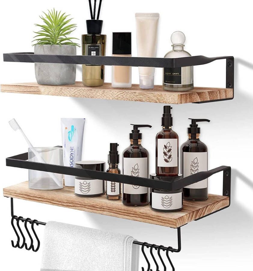 Uten Wandplank zwevend 2 Planken Wandrek industrieel Rechthoekig wandrekken Wandrek hout Mit Haakjes Voor Keuken Slaapkamer Woonkamer 42x15x7.5cm B-3 - Foto 2