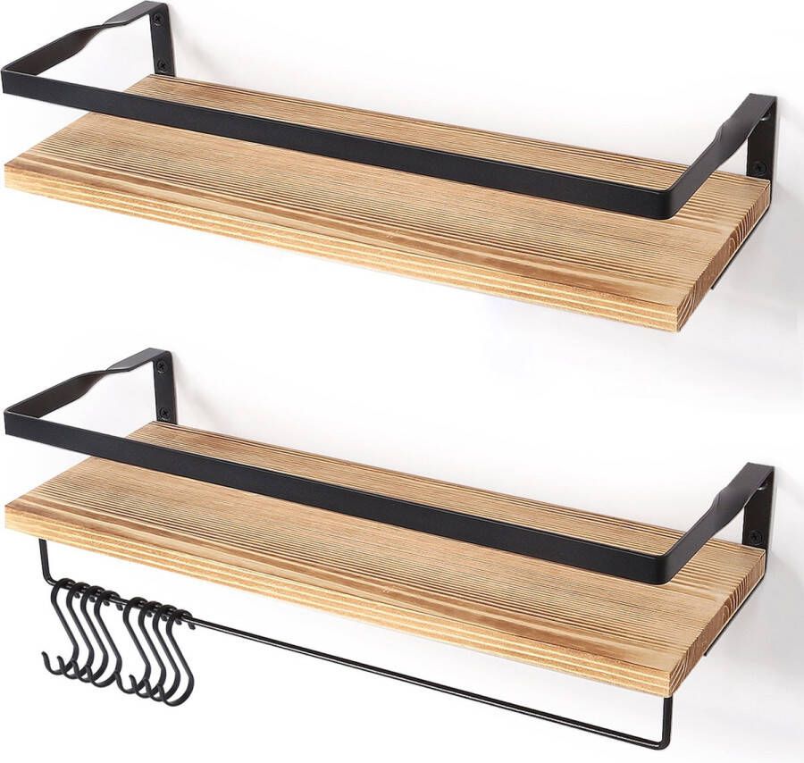 Uten Wandplank zwevend 2 Planken Wandrek industrieel Rechthoekig wandrekken Wandrek hout Lichtbruin Mit Haakjes Voor Keuken Slaapkamer Woonkamer 42x15x7.5cm B-2