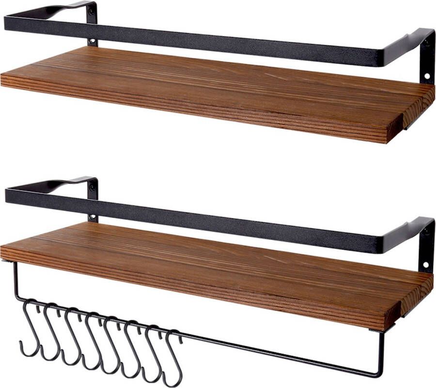 Uten Wandplank zwevend 2 Planken Wandrek industrieel Rechthoekig wandrekken Wandrek hout zwart bruin Mit Haakjes Voor Keuken Slaapkamer Woonkamer 42x15x7.5cm B-1