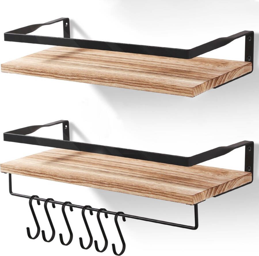 Uten Wandplank zwevend 2 Planken Wandrek industrieel Rechthoekig wandrekken Wandrek hout Mit Haakjes Voor Keuken Slaapkamer Woonkamer 42x15x7.5cm B-3