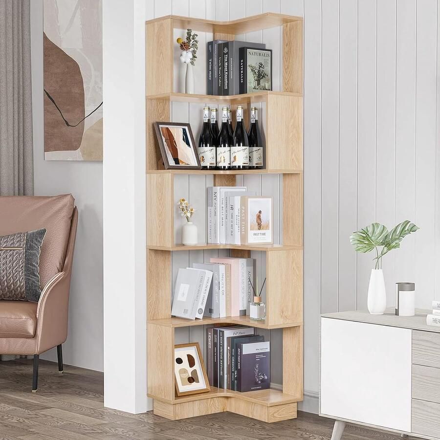 Uyoyous Hoekboekenkast rek met 5 etages 175 cm hoog houten hoekrek groot open boekenkast opbergrek met apparaten staand rek voor woonkamer slaapkamer werkkamer en kantoor