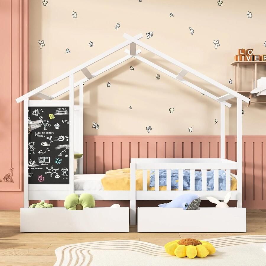 Valora Bedhuisje Kinderbed Peuterbed Huisbed Met Opbergruimte Met Krijtbord Valbeveiliging 2 Lades Wit 90x200 cm