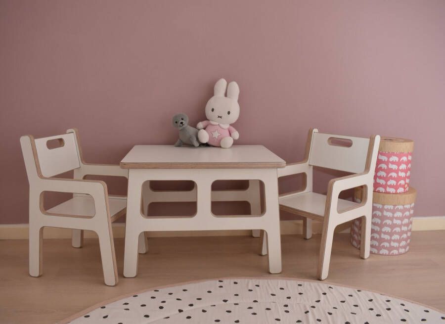 Van Aaken Design Kindertafel met stoeltjes 1 tafel en 2 stoelen Kindermeubel Kinder speeltafel Zithoogte stoel 20cm Berken multiplex Gemaakt in Nederland Incl. 100ml Meubellak op waterbasis