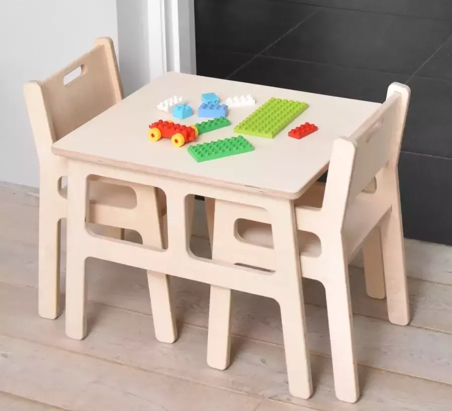 Van Aaken Design Kindertafel met stoeltjes 1 tafel en 2 stoelen Kindermeubel Kinder speeltafel Zithoogte stoel 20cm Berken multiplex Gemaakt in Nederland Incl. 100ml Meubellak op waterbasis