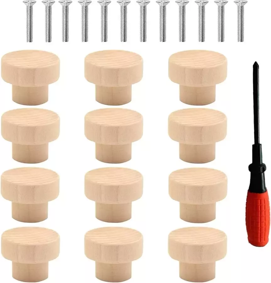 VAN DE Set van 12 houten meubelknoppen houten deurladegrepen knoppen voor kasten en lades kastknoppen met schroeven houten knoppen voor dressoir meubels 35 x 26 mm A