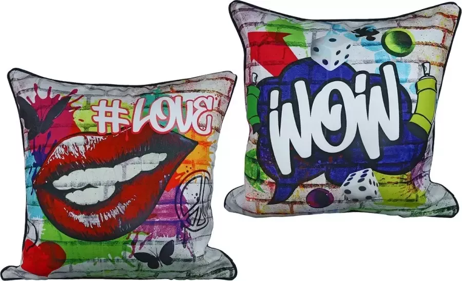 Van Den Broeck Kenny Set van 2 Stoffen hoofdkussens street art 45 cm x 45 cm kussen slaapkussen voor in bed en bank sofa kleurrijk decoratie origineel cadeau geschenk gift verjaardag Kerst Nieuwjaar Pasen Valentijn