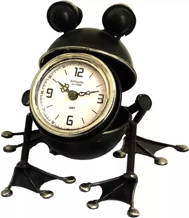 Van Den Broeck Kenny Table clock metal frog black Antiquité de Paris 18 cm hoog tafelklok uurwerk horloge industriestijl vintage industrieel klok tafel metaal cadeau geschenk relatiegeschenk kerst nieuwjaar verjaardag origineel – interieur