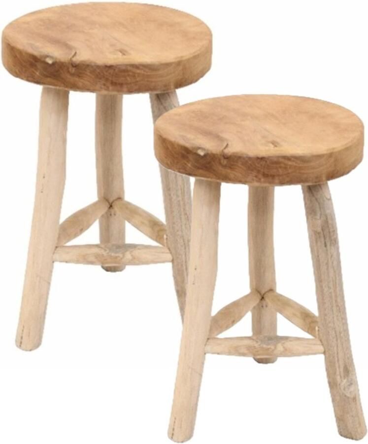 Van der Leeden Houten kruk 2x D30 x H45 cm naturel teakhout zitkrukje krukjes zitkrukken landelijk modern