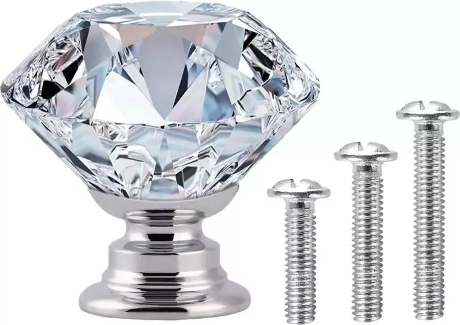 Vandicka 20 stuks kristallen ladeknoppen en handgrepen kristallen meubelknoppen glazen knoppen voor kast dressoir kledingkast heldere diamant + chromen basis φ30 mm met schroeven van 3 maten