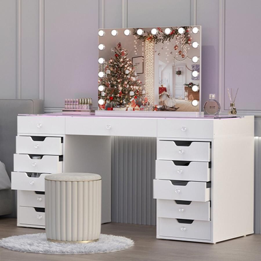 VANITII Dresser with USB Port 13 Storage Drawers 3 Dimming Modes Designed for Make-up Modern Minimalist Style Make-up Table WIT(Spiegel niet inbegrepen)
