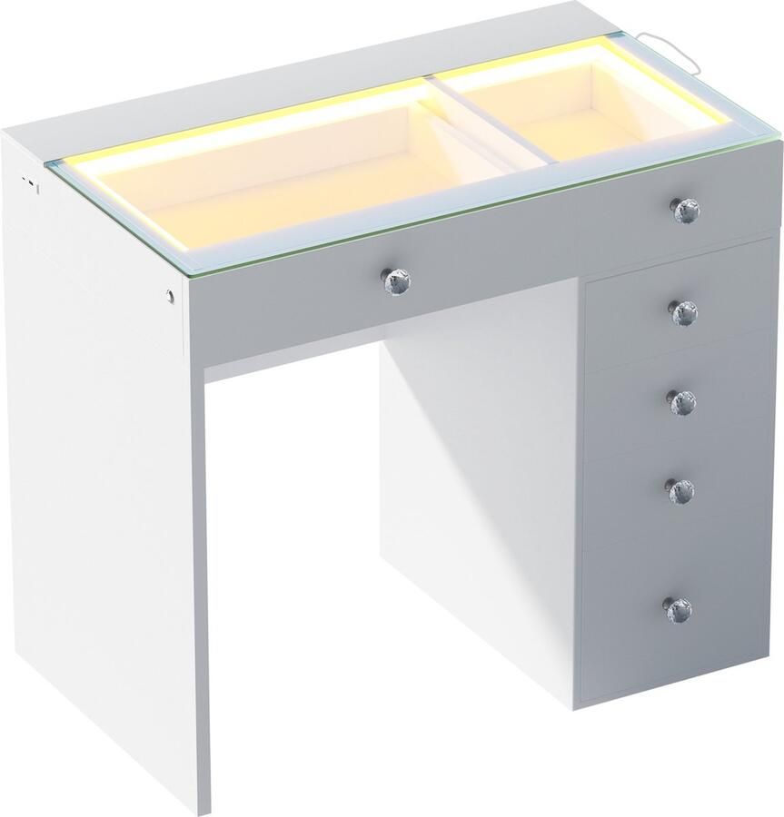 VANITII Modieuze en Klassieke Make-up tafel Gemakkelijk te Monteren Uitgerust met USB Oplaadfunctie Drie Soorten LED Verlichting-6 Laden met Grote Opbergruimte-Perfecte Kamerdecoratie-Witte Stijlvolle Kaptafel