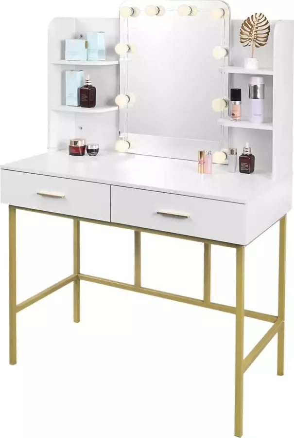 Vanity Bureau Moderne Dressoir Kaptafel Met Spiegel Make-Up Tafel Met Led Verlichting 2 Lades Huishouden Slaapkamer