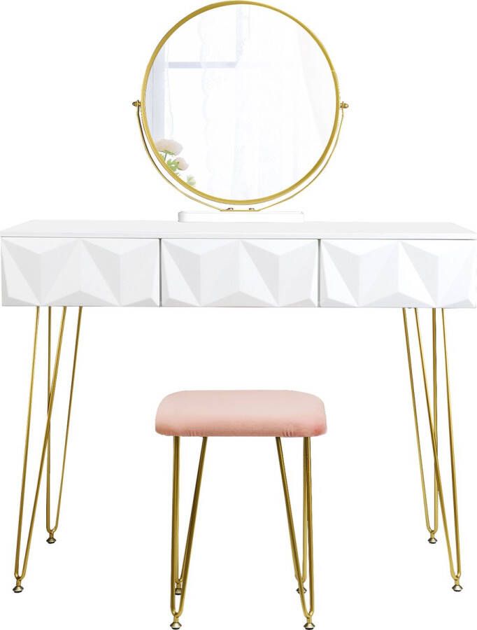 vanity Kaptafel Moderne Dressoir Wit Goud 360 ° Zweef Spiegel Fluwelen Kruk 3 Laden 3D Effect Slaapkamer Bureau Make-Up Tafel