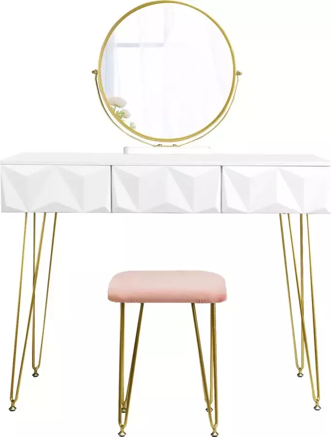 Vanity Kaptafel Moderne Dressoir Wit Goud 360 ° Zweef Spiegel Fluwelen Kruk 3 Laden 3D Effect Slaapkamer Bureau Make-Up Tafel