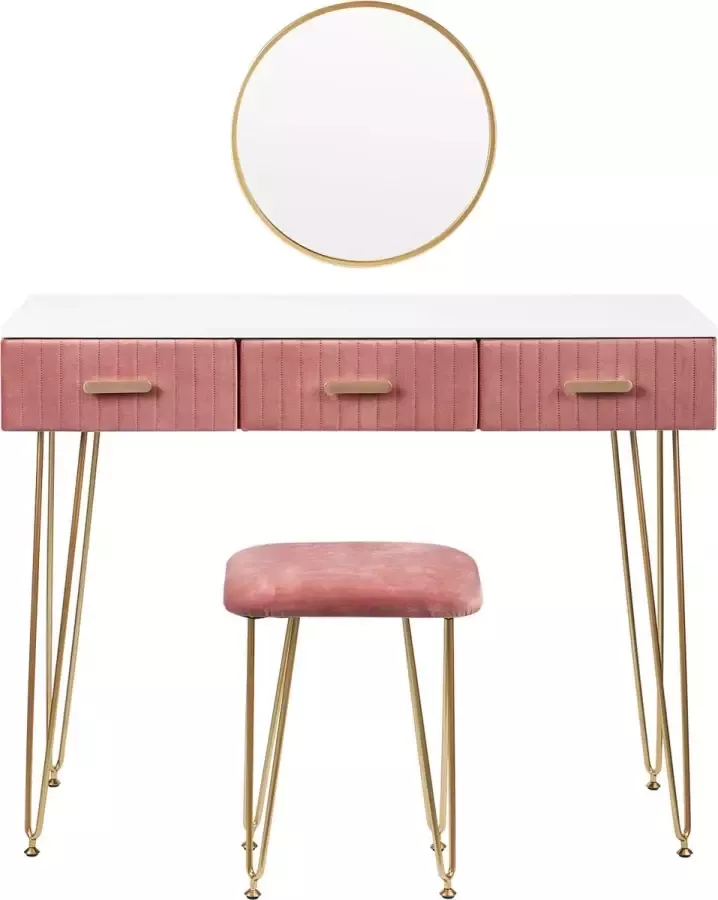 Vanity Tafel Moderne Dressoir Kaptafel Met Spiegel Roze Make-Up Tafel 3 Lades Slaapkamer 100x77.5x40 cm