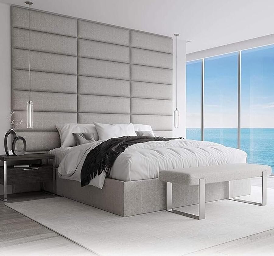 Vant Gewatteerd hoofdbord voor bed VÄNT Decoratieve wandpanelen Set van 4 geluidsabsorberende wandpanelen 6 afwerkingen en 30 designerkleuren wall panels Weefsel Maanstof grijs